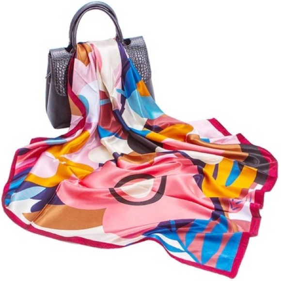 On My Rack Accessories - NEW Multicolor Bold Colorful Floral Pink Flower Printed Silky Fashion Scarf
